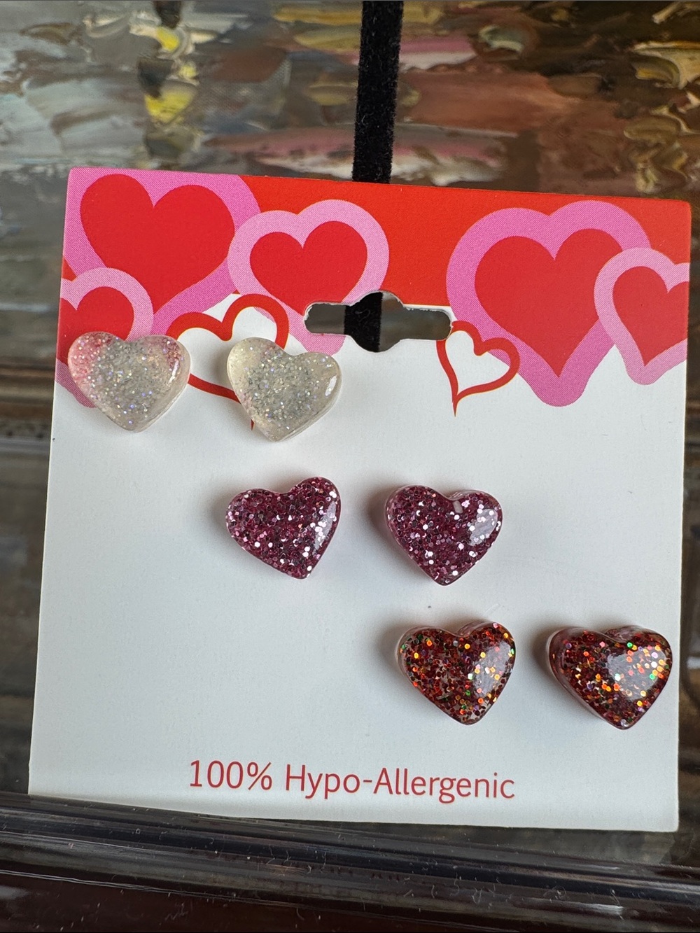 0690-Glitter Heart‎ Stud Earring Trio - White, Pink, Red